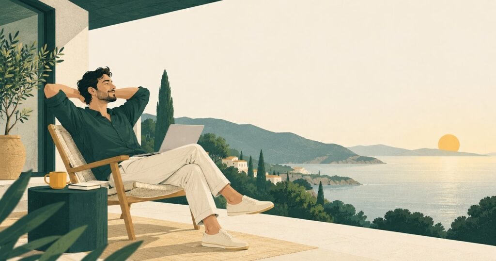 Ilustración de un autónomo descansando en una terraza con su portátil, frente al mar al atardecer