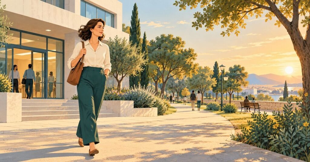 Ilustración de una funcionaria que sale del trabajo al atardecer y pasea tranquila por un parque junto al mar