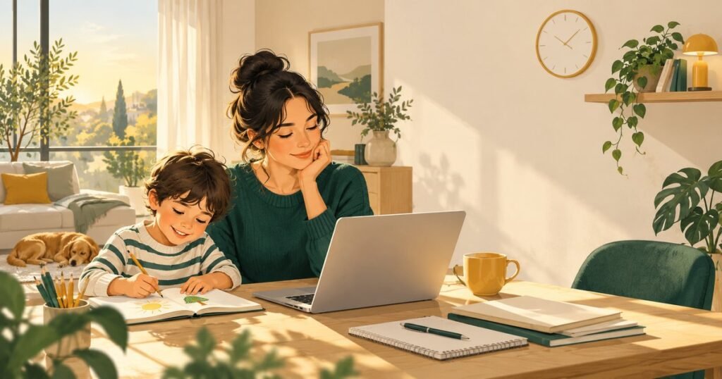 Ilustración de una madre trabajando con el portátil mientras su hijo dibuja a su lado