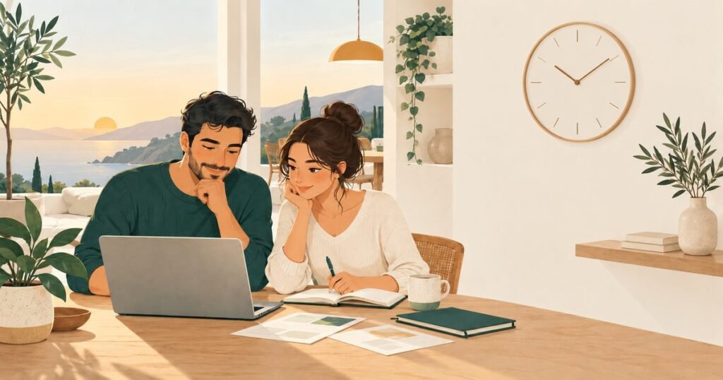 Ilustración de una pareja revisando sus finanzas con un portátil y una libreta en la mesa de casa